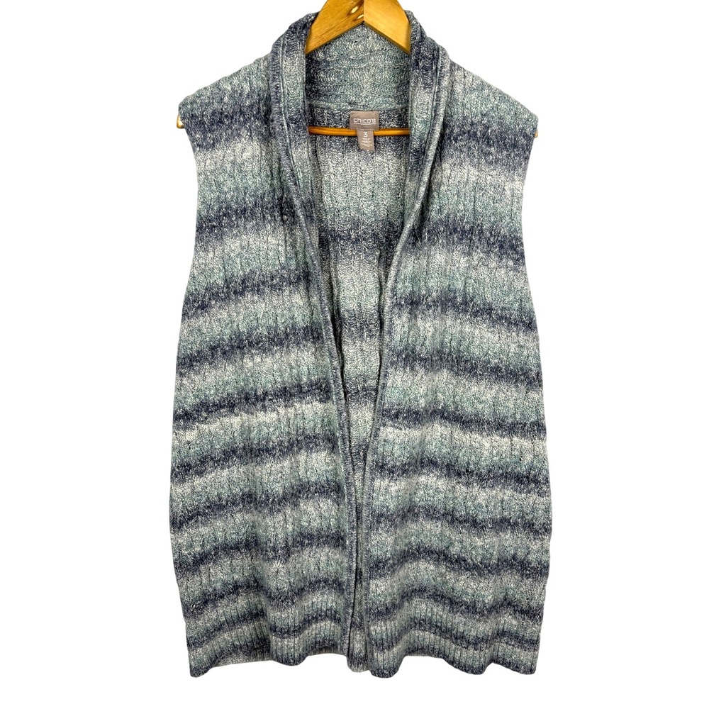 Chico's Open Sweater Vest Sz 3 (XL/16) Chunky Office Boho Fall‎ Office Grey Blue